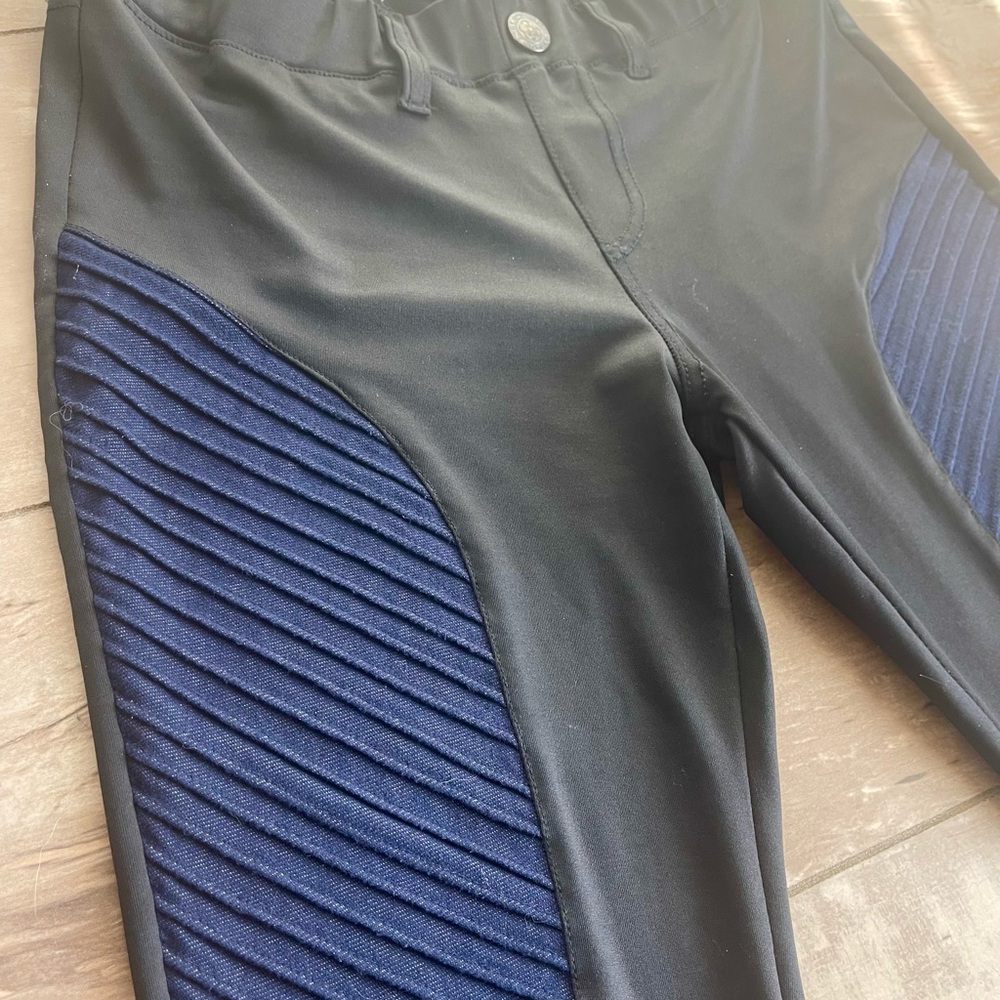 Moto Pants, Leather Look with Ribbed and Smooth Denim accent panels.